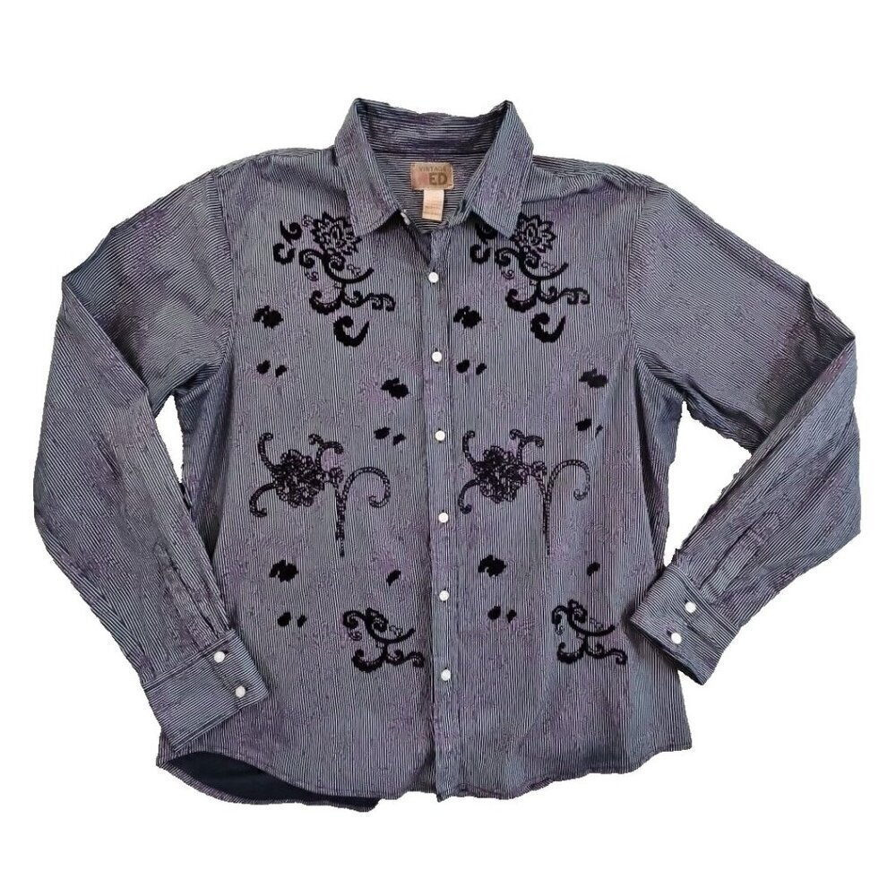 Vintage Red Floral Long Sleeve Button Up Shirt Men's 2XL Black Purple Stripe EUC
